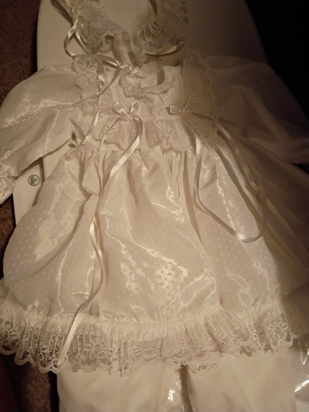 White Lace Infant Christening Dress with Satin Ribbons